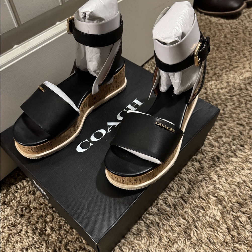 Coach Black Leather Ankle-Strap Platform Sandals with Gold Logo - Picture 2 of 5